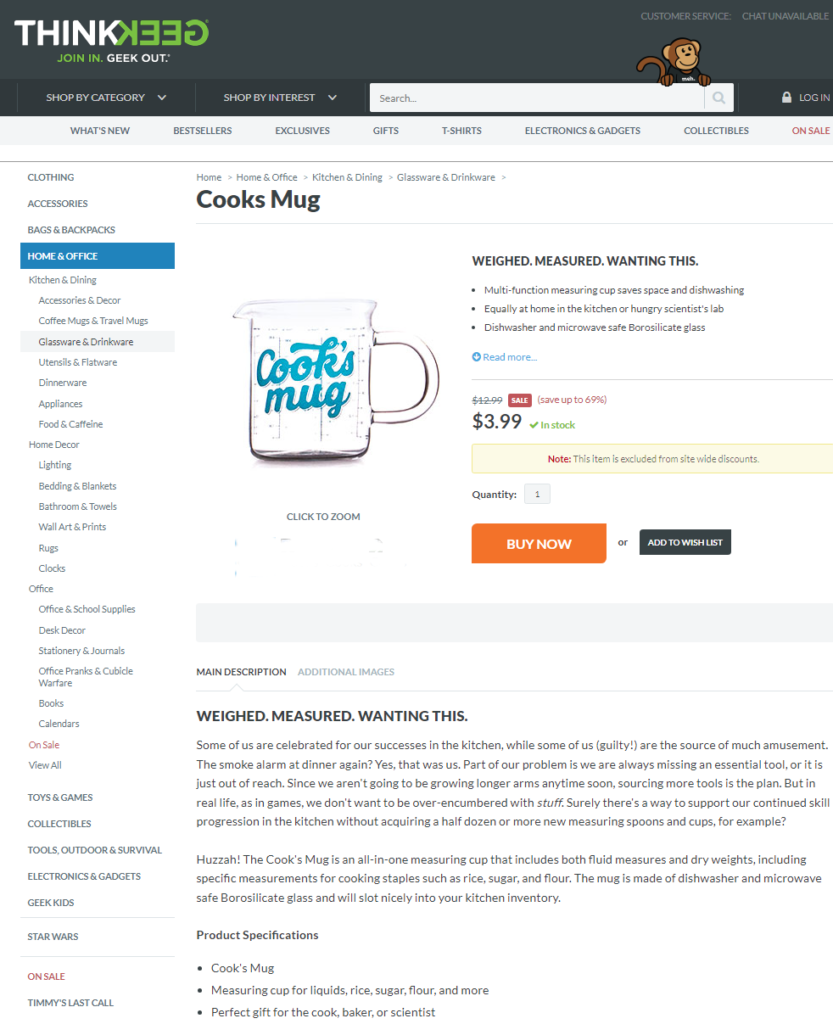 Screen grab of published ThinkGeek product page